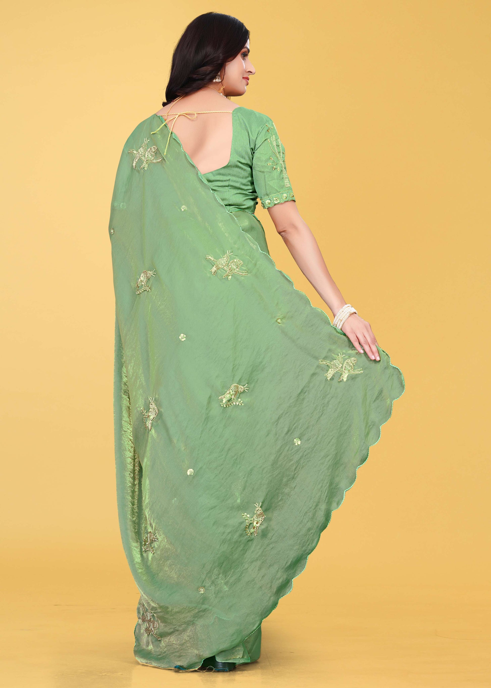 G-Heavy Zari Work Festive Saree with Detailed Hand-Placed Bead Embroidery