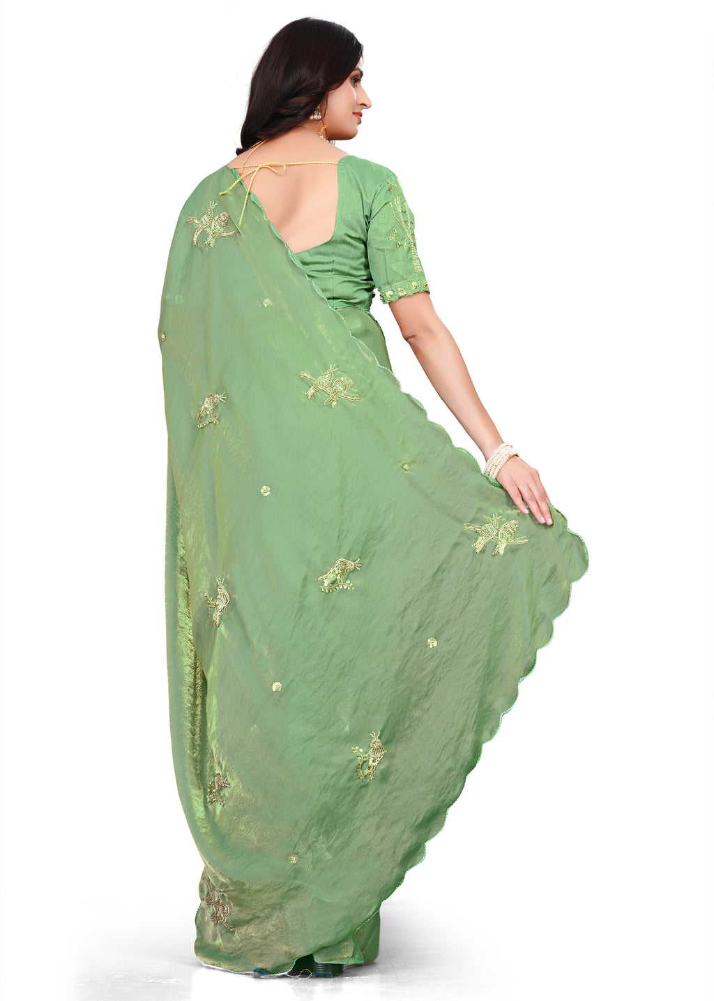 Heavy Zari Work Festive Saree with Detailed Hand-Placed Bead Embroidery - Green