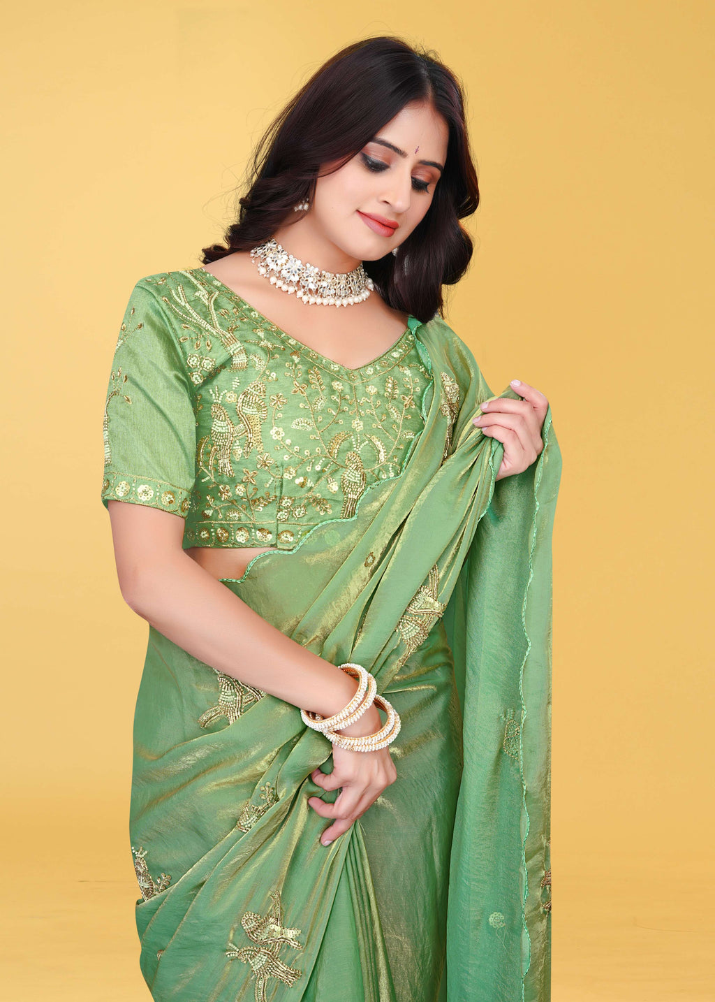 G-Heavy Zari Work Festive Saree with Detailed Hand-Placed Bead Embroidery