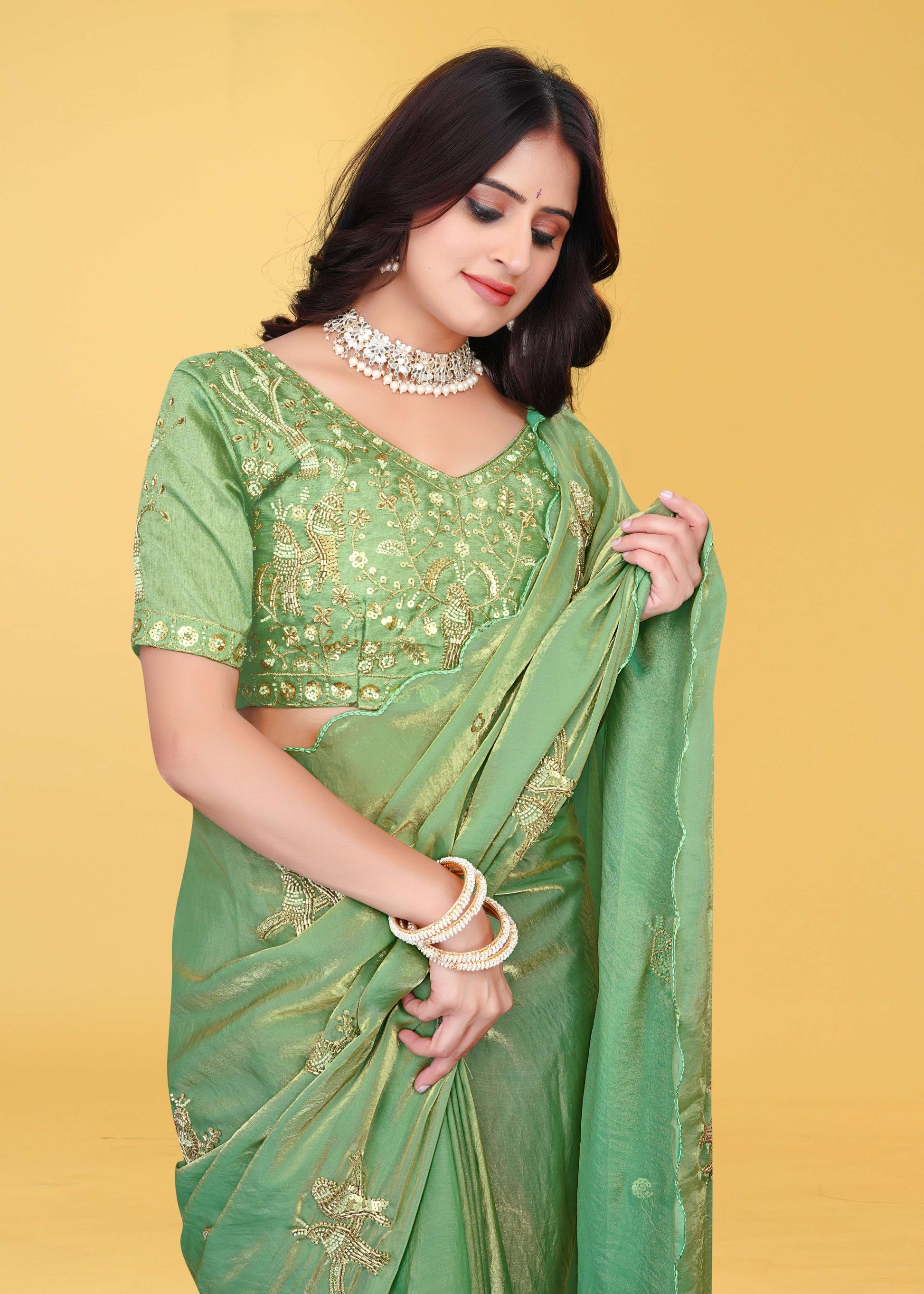 G-Heavy Zari Work Festive Saree with Detailed Hand-Placed Bead Embroidery