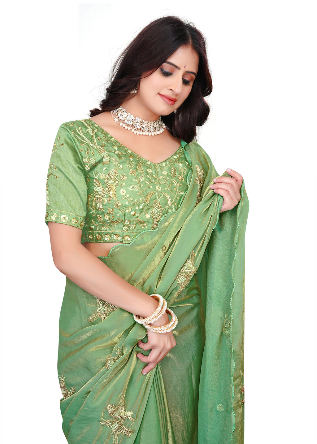 Heavy Zari Work Festive Saree with Detailed Hand-Placed Bead Embroidery - Green