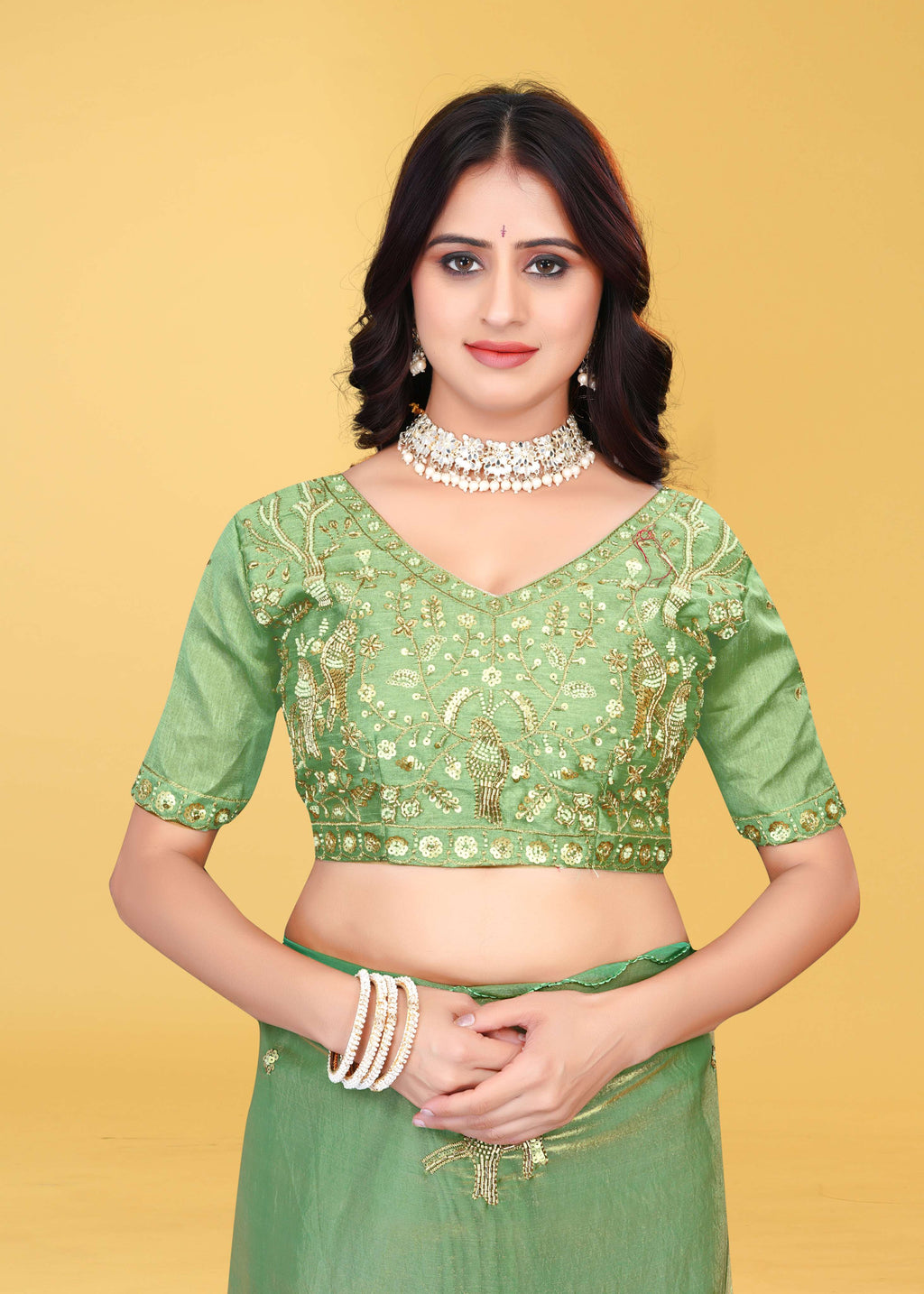 G-Heavy Zari Work Festive Saree with Detailed Hand-Placed Bead Embroidery