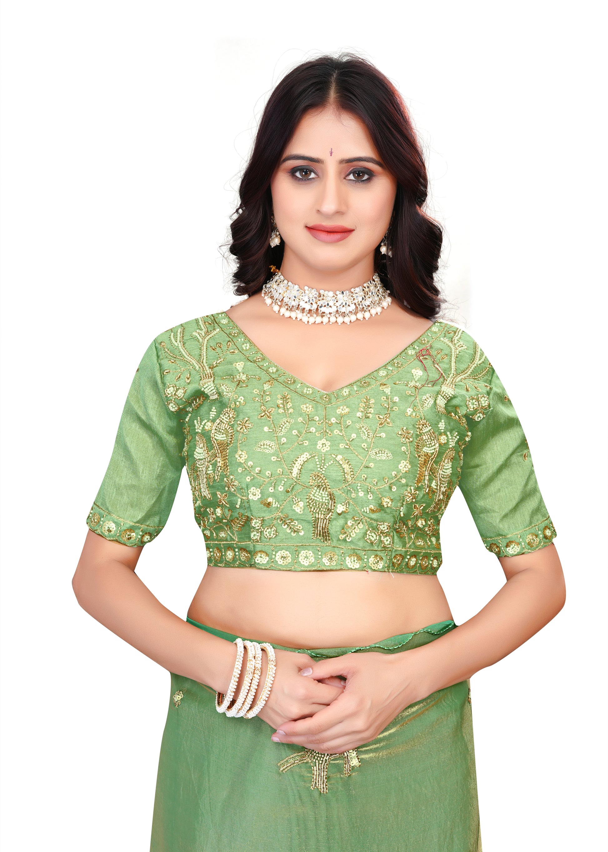Heavy Zari Work Festive Saree with Detailed Hand-Placed Bead Embroidery - Green