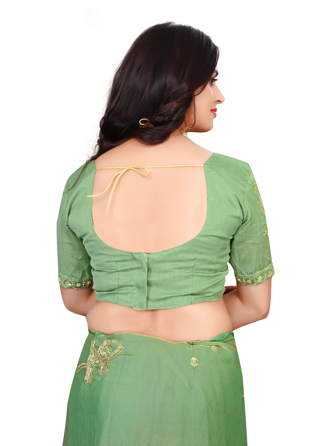 Heavy Zari Work Festive Saree with Detailed Hand-Placed Bead Embroidery - Green