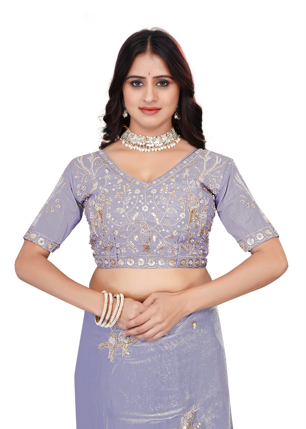 Heavy Zari Work Festive Saree with Detailed Hand-Placed Bead Embroidery - Lavender