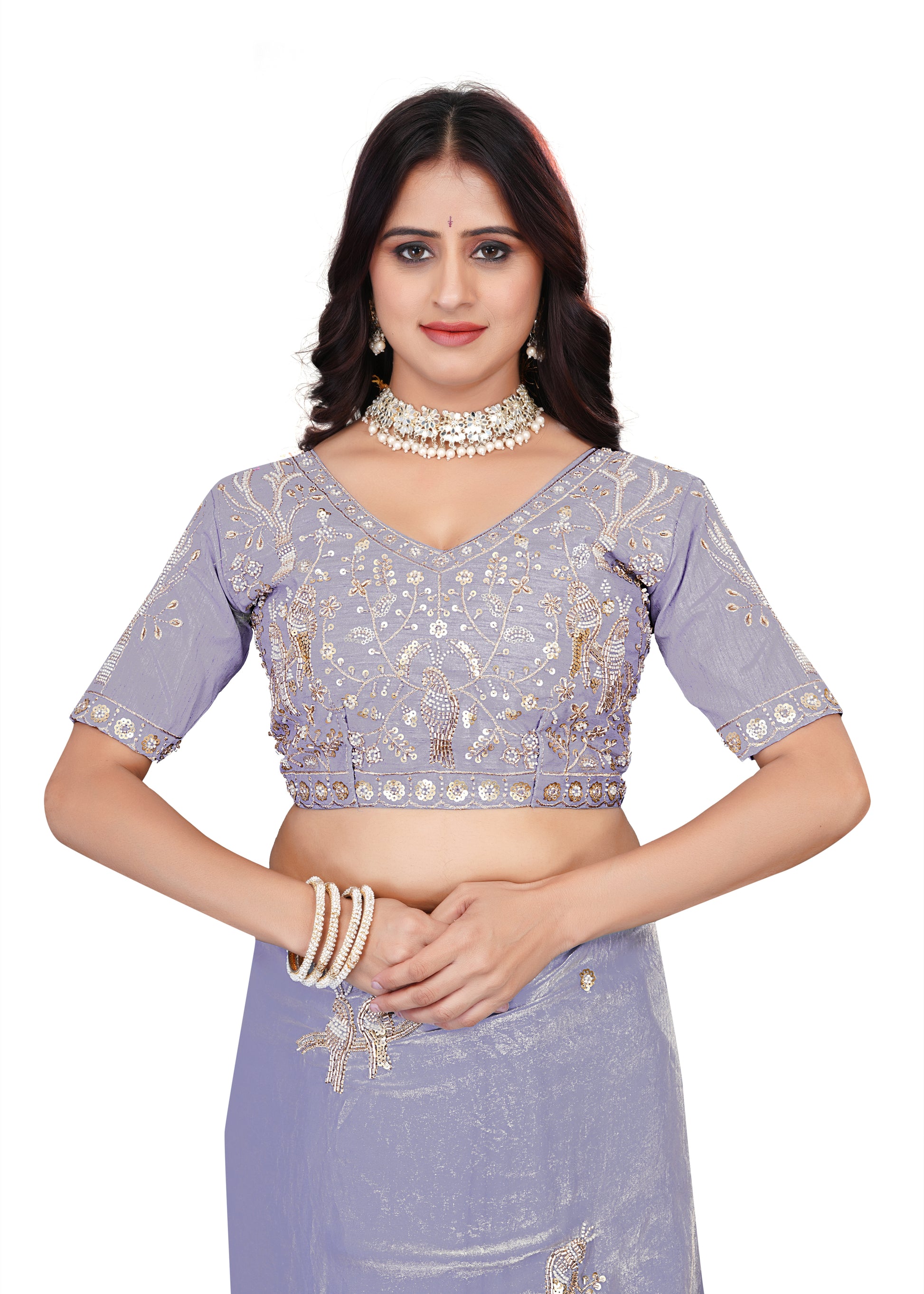 Heavy Zari Work Festive Saree with Detailed Hand-Placed Bead Embroidery - Lavender