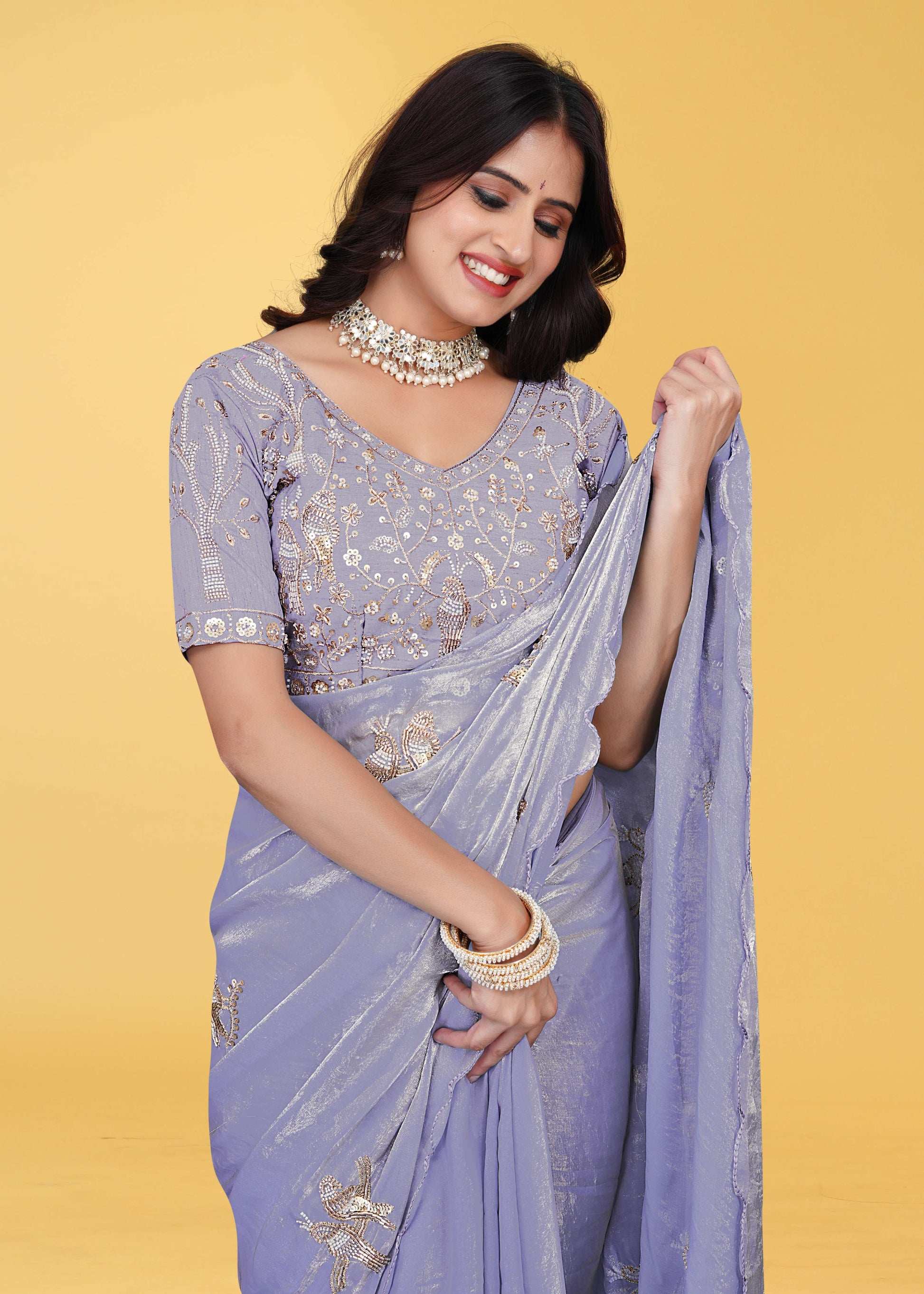 G-Heavy Zari Work Festive Saree with Detailed Hand-Placed Bead Embroidery