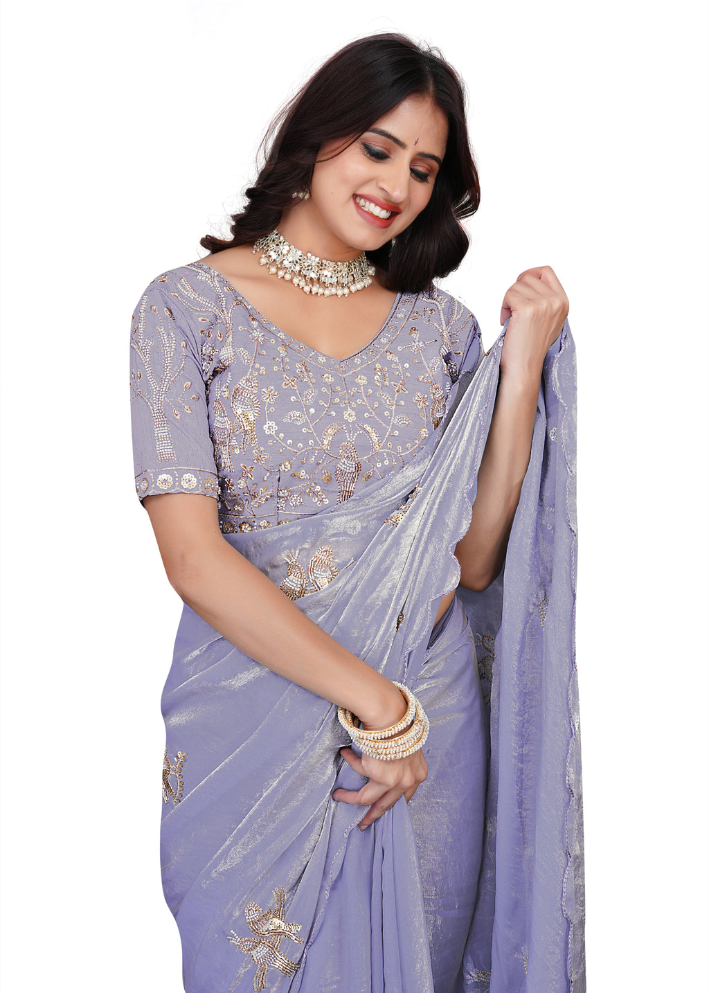 Heavy Zari Work Festive Saree with Detailed Hand-Placed Bead Embroidery - Lavender