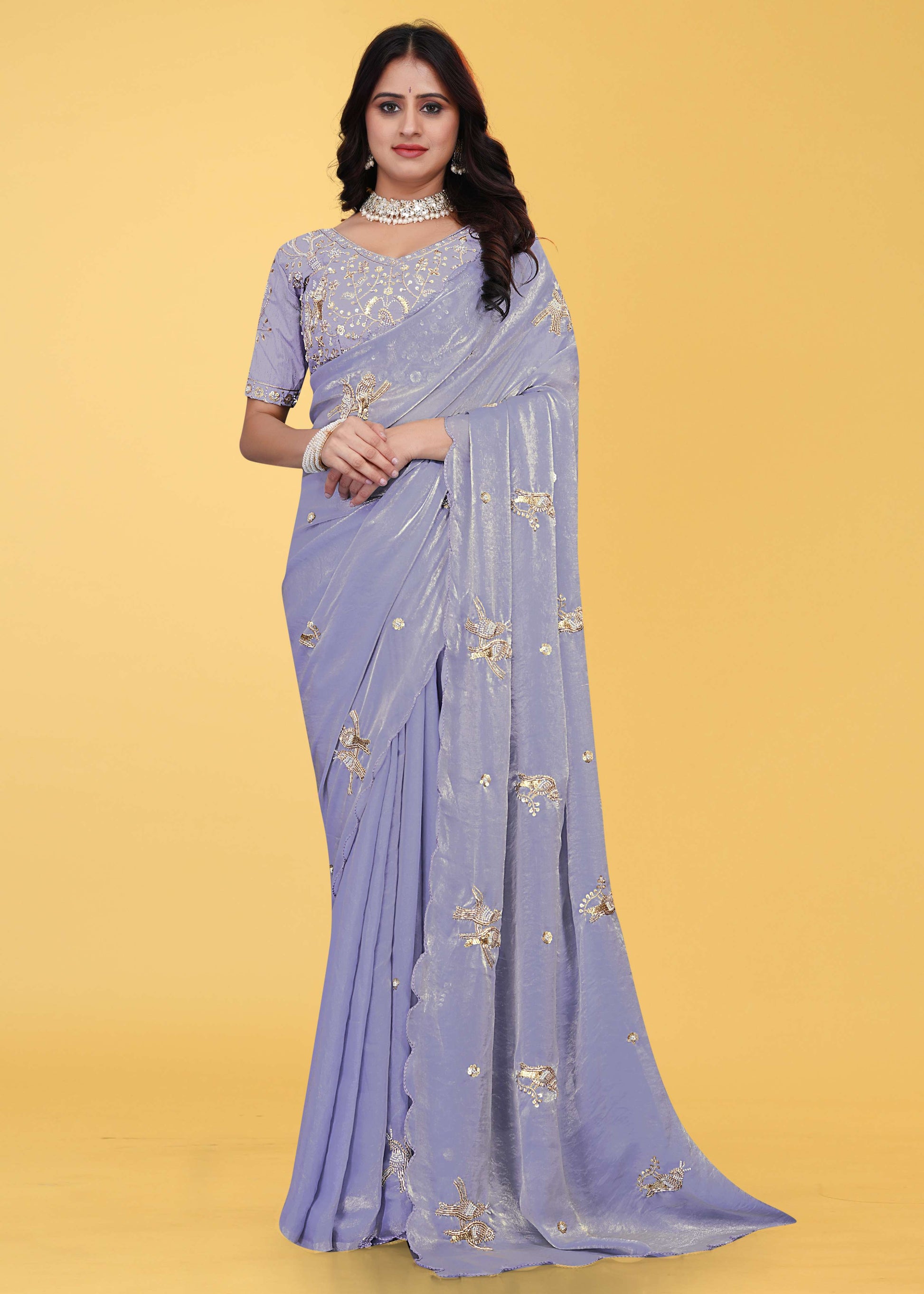 G-Heavy Zari Work Festive Saree with Detailed Hand-Placed Bead Embroidery