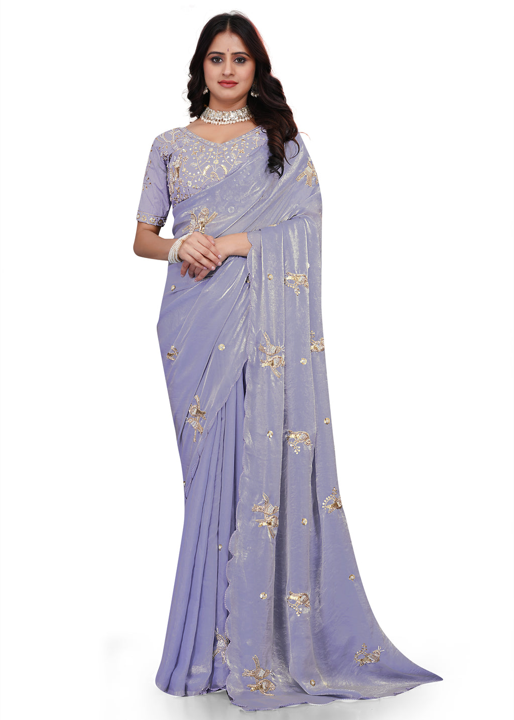Heavy Zari Work Festive Saree with Detailed Hand-Placed Bead Embroidery - Lavender