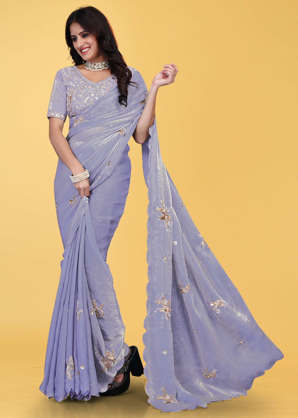 G-Heavy Zari Work Festive Saree with Detailed Hand-Placed Bead Embroidery