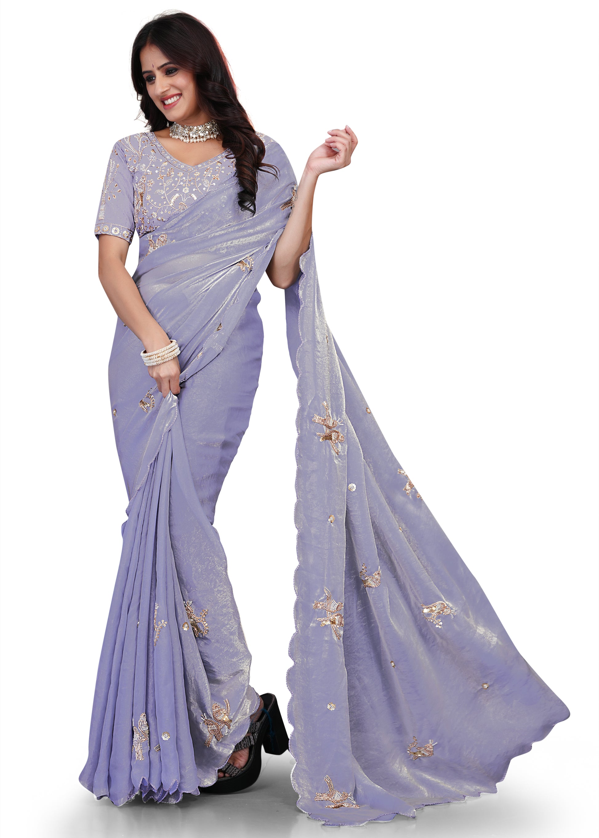 Heavy Zari Work Festive Saree with Detailed Hand-Placed Bead Embroidery - Lavender