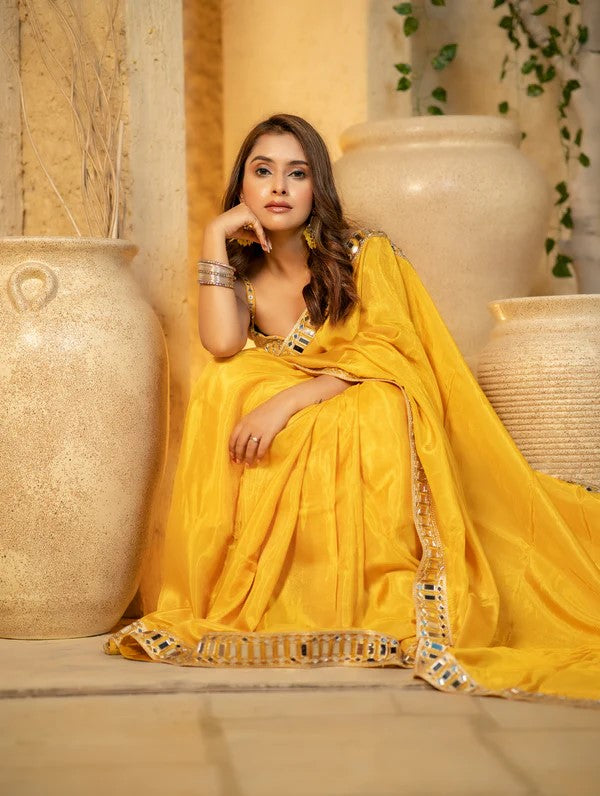 Designer Saree with Real Mirror Work Border and Heavy Embellished Blouse - Yellow