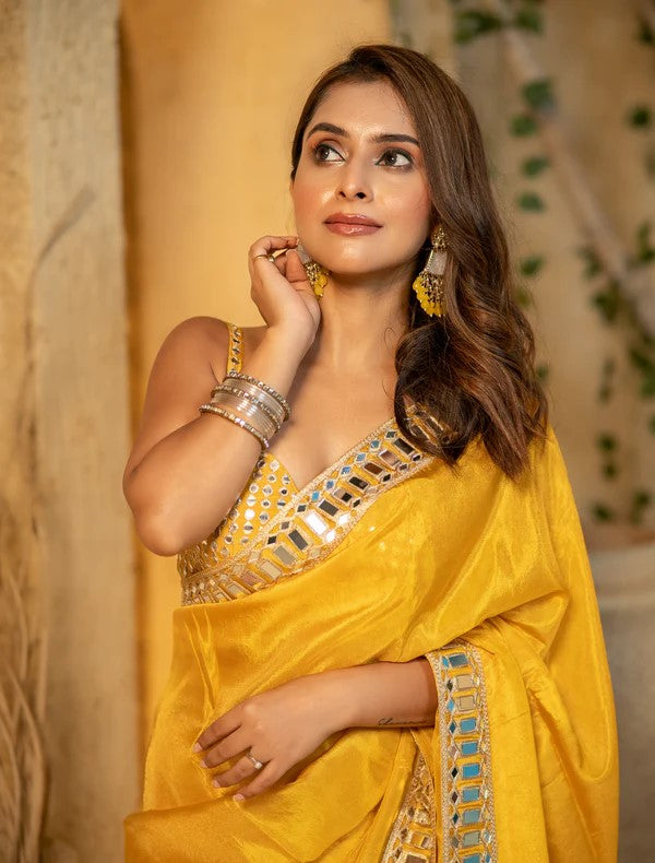 Designer Saree with Real Mirror Work Border and Heavy Embellished Blouse - Yellow