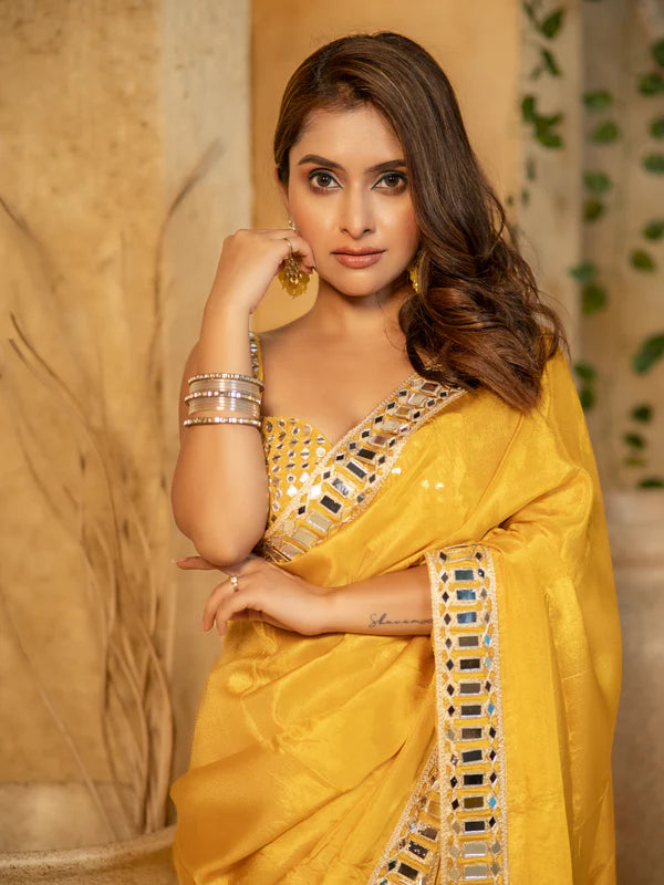 Handcrafted Saree with Intricate Embroidery and Mirror Detailing – Avirat Designer Studio