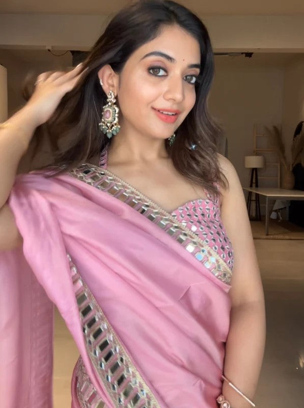 Designer Saree with Real Mirror Work Border and Heavy Embellished Blouse - Pink