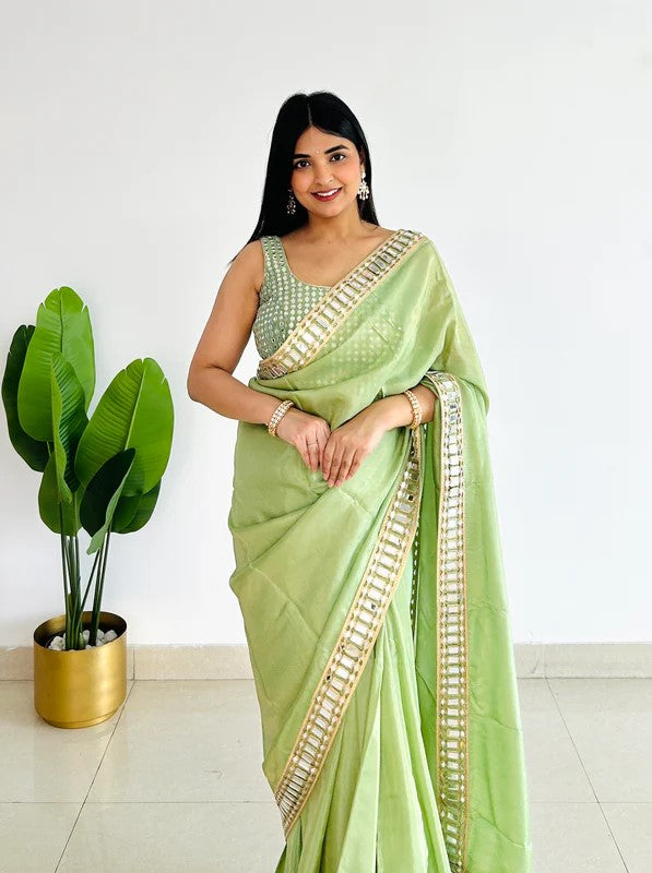 Designer Saree with Real Mirror Work Border and Heavy Embellished Blouse - Green