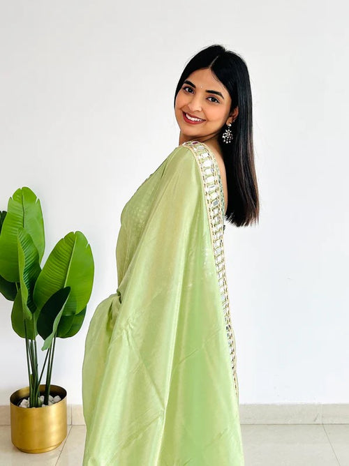 Designer Saree with Real Mirror Work Border and Heavy Embellished Blouse - Green