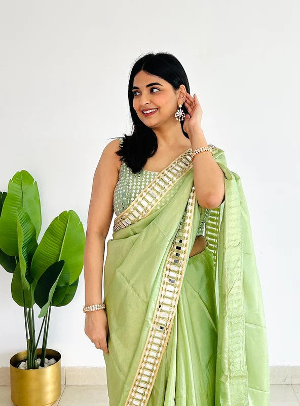 Designer Saree with Real Mirror Work Border and Heavy Embellished Blouse - Green