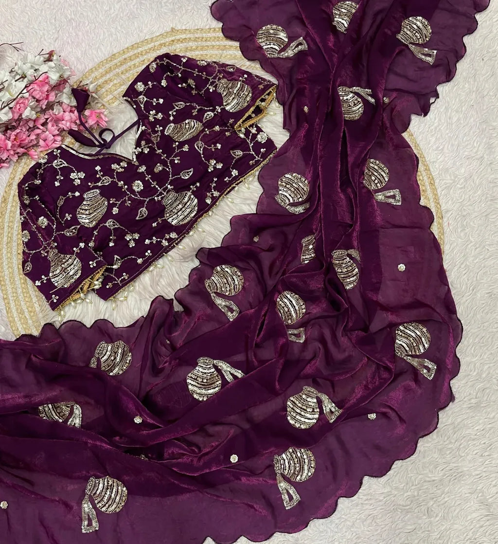 Premium Fandy Satin Saree with Sequins, Thread Embroidery & Designer Blouse-G