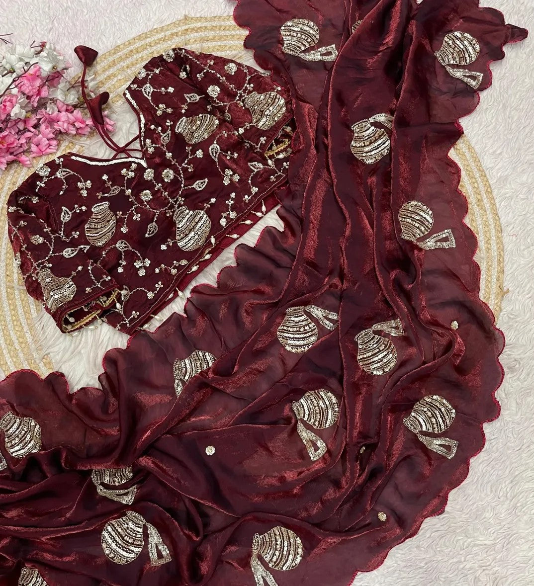 Premium Fandy Satin Saree with Sequins, Thread Embroidery & Designer Blouse-G