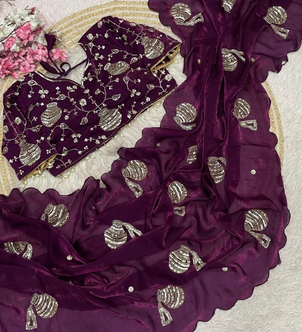 Premium Fandy Satin Saree with Sequins, Thread Embroidery & Designer Blouse-G