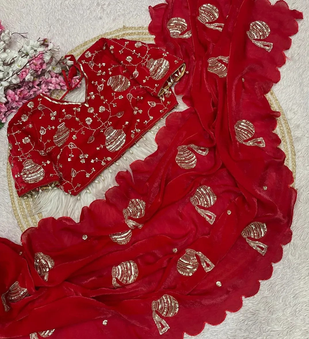 Premium Fandy Satin Saree with Sequins, Thread Embroidery & Designer Blouse-G