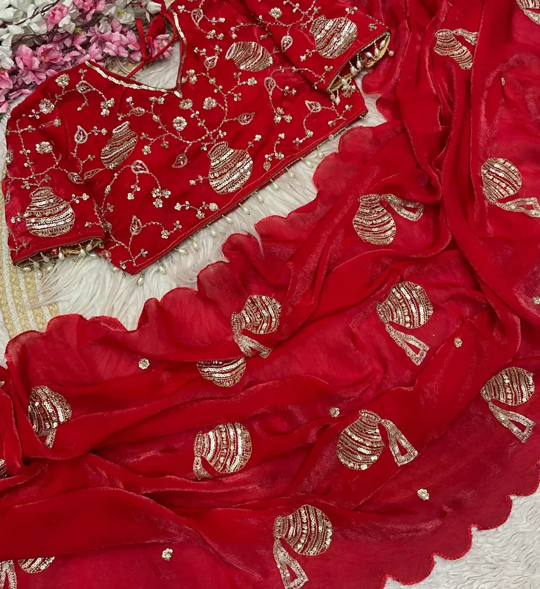 Premium Fandy Satin Saree with Sequins, Thread Embroidery & Designer Blouse-G