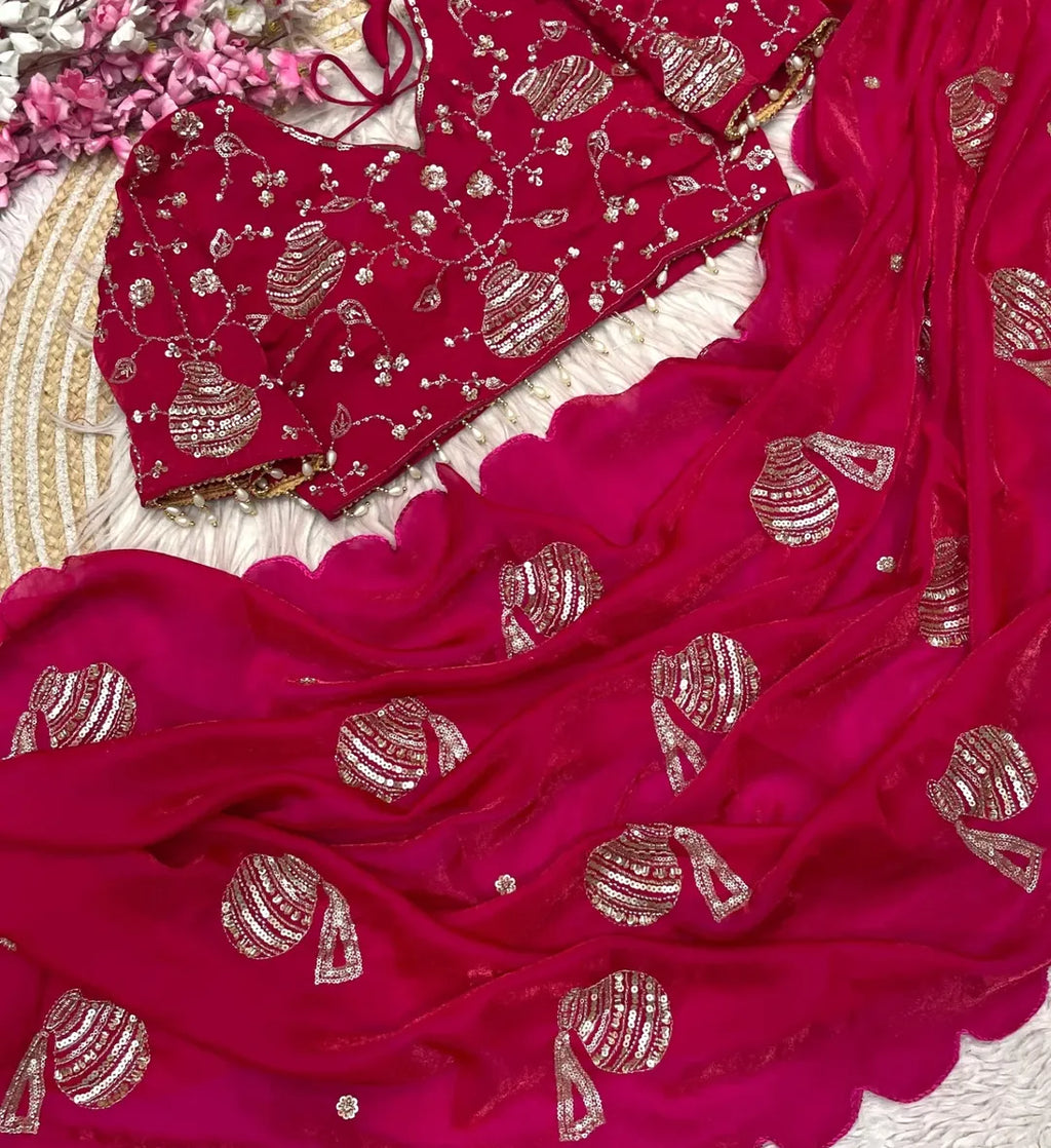 Premium Fandy Satin Saree with Sequins, Thread Embroidery & Designer Blouse-G