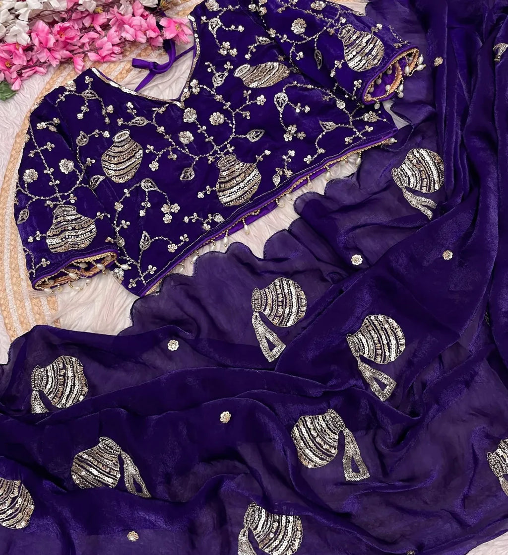 Premium Fandy Satin Saree with Sequins, Thread Embroidery & Designer Blouse-G