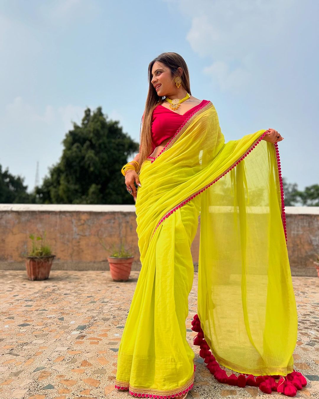 Graceful Saree Featuring Fringed Border Detailing-Avirat Designer Studio
