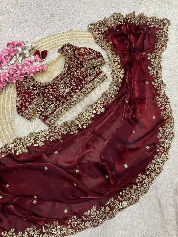 Handcrafted Saree with Heavy Embroidery on Blouse & Border