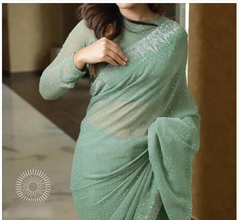 Sea Green Sequin & Thread Embroidered Saree – Avirat Designer Studio