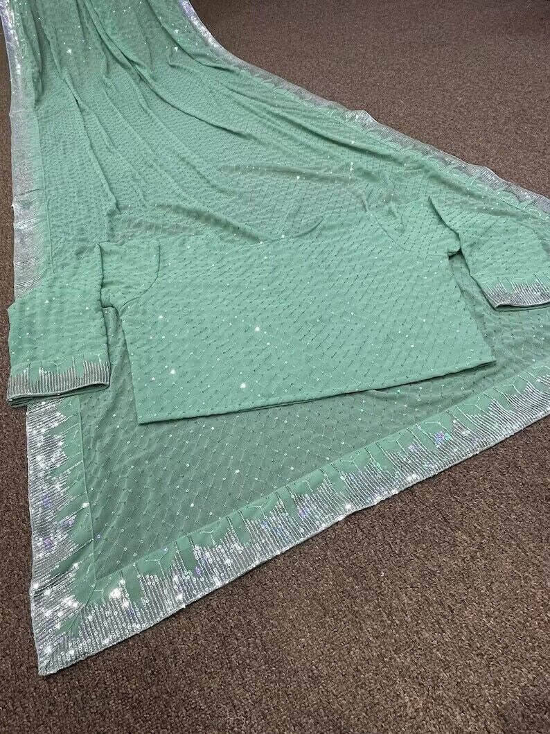 Sea Green Sequin & Thread Embroidered Saree – Avirat Designer Studio