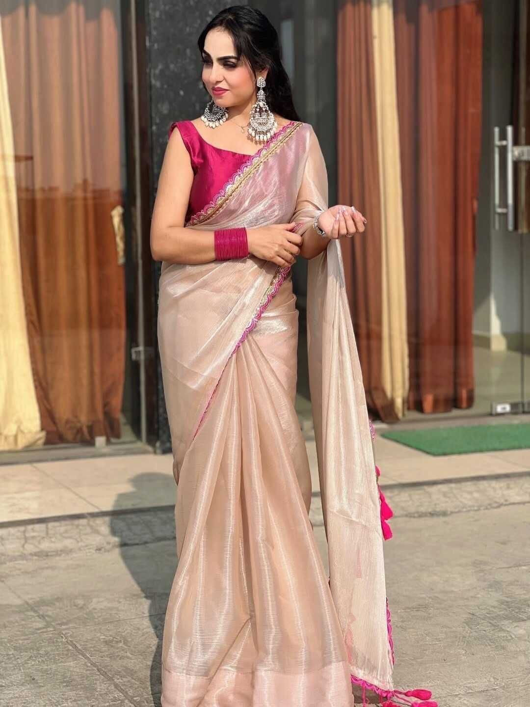 Saree with Embroidered Lace Border and Decorative Fringes – Avirat Designer Studio