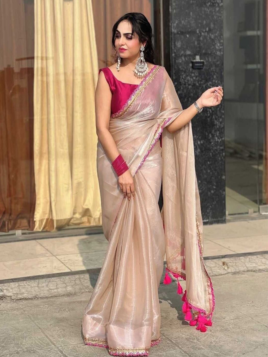 Saree with Embroidered Lace Border and Decorative Fringes – Avirat Designer Studio