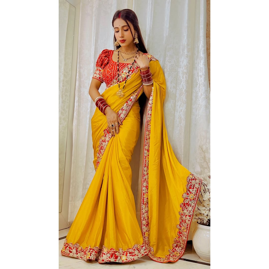 Intricate Gold Zari Motifs and Embroidered Lace Border - Yellow