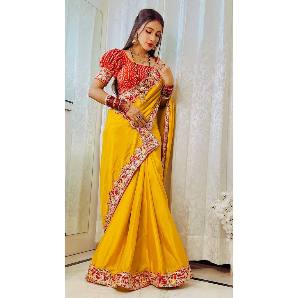 Bollywood Wear Lace Embroidered Saree with Bandhani Blouse