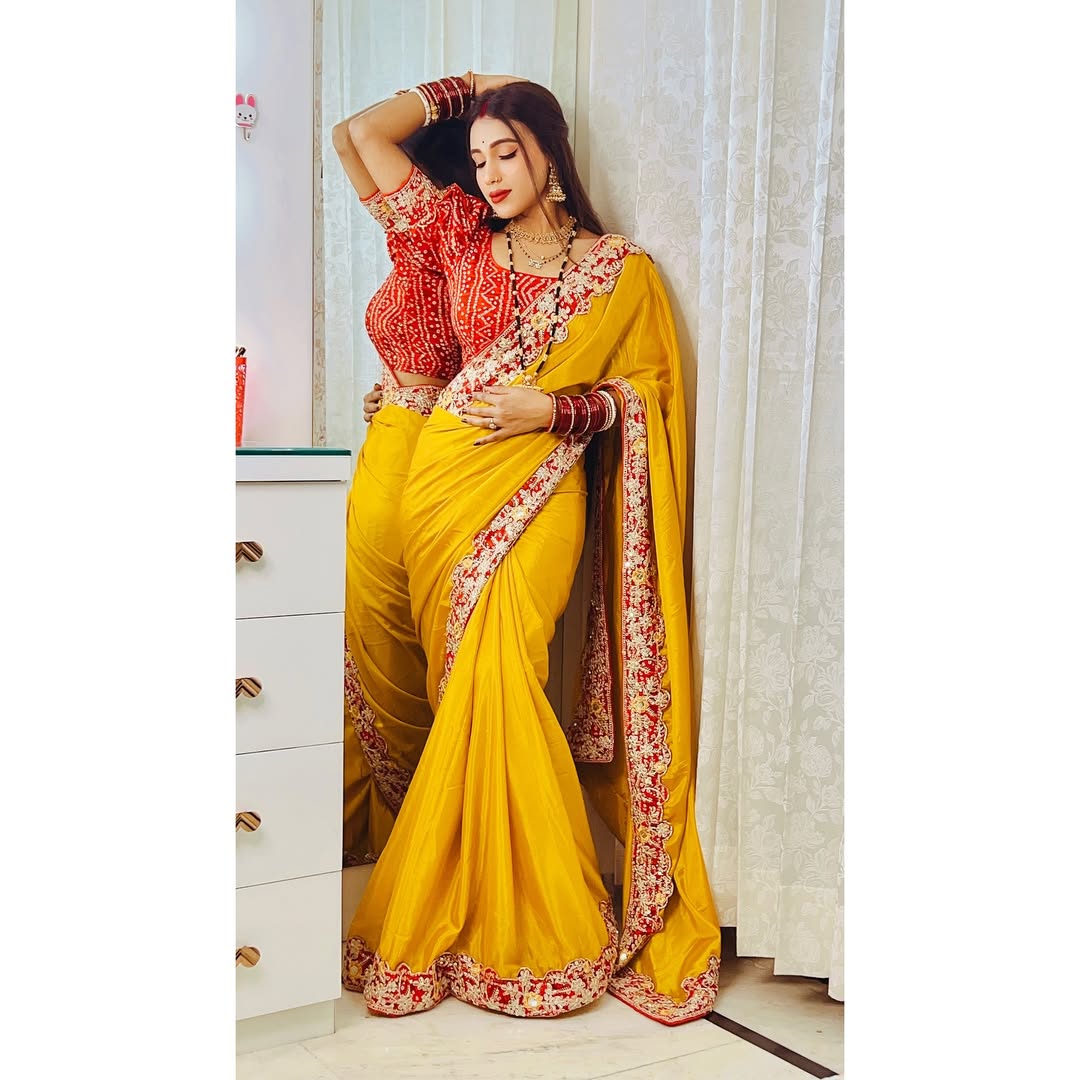 Intricate Gold Zari Motifs and Embroidered Lace Border - Yellow