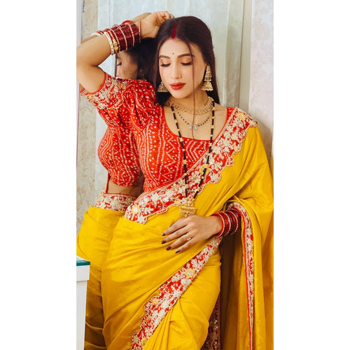 Bollywood Wear Lace Embroidered Saree with Bandhani Blouse