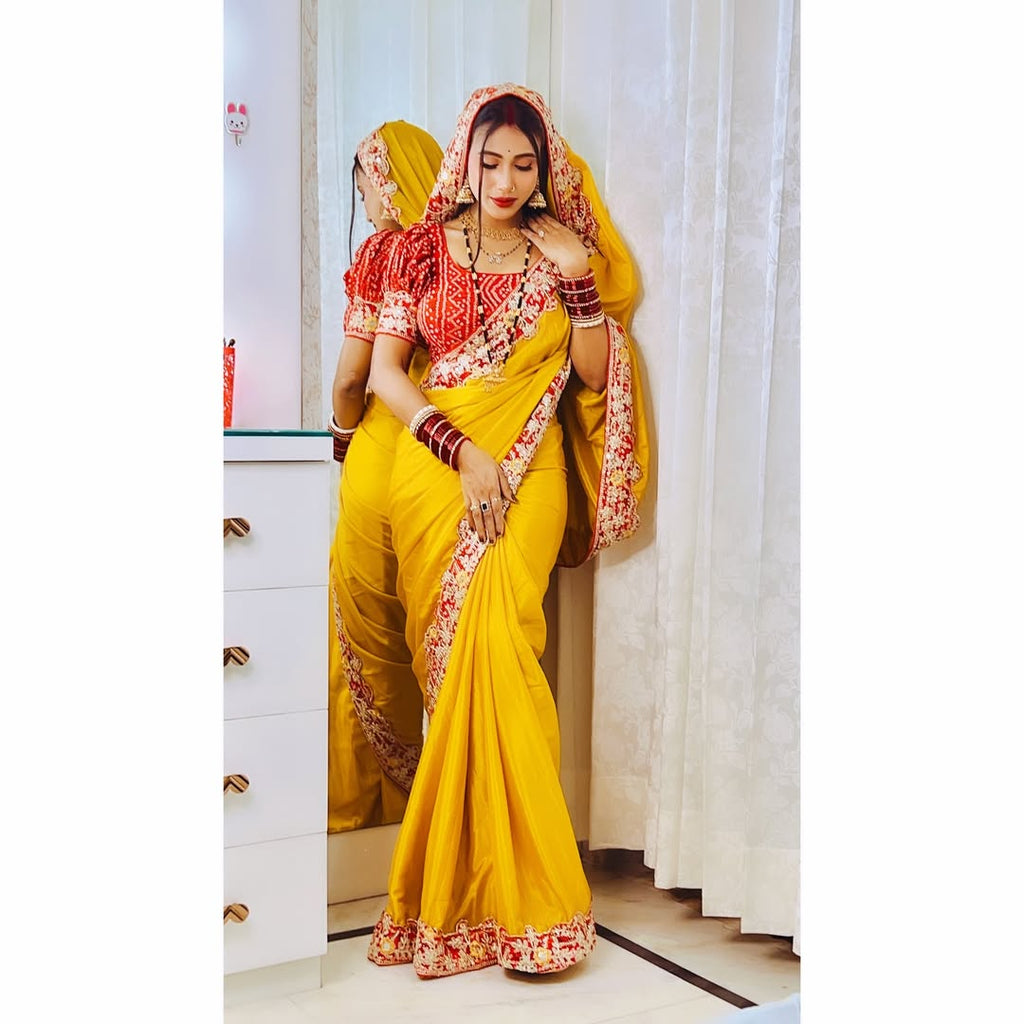 Bollywood Wear Lace Embroidered Saree with Bandhani Blouse