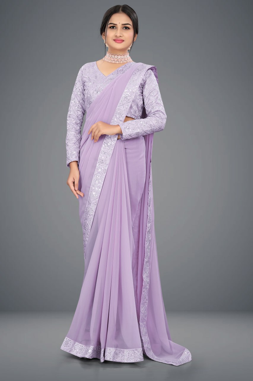 Designer Saree with Embroidered Border and Sequin Accents-Avirat Designer Studio
