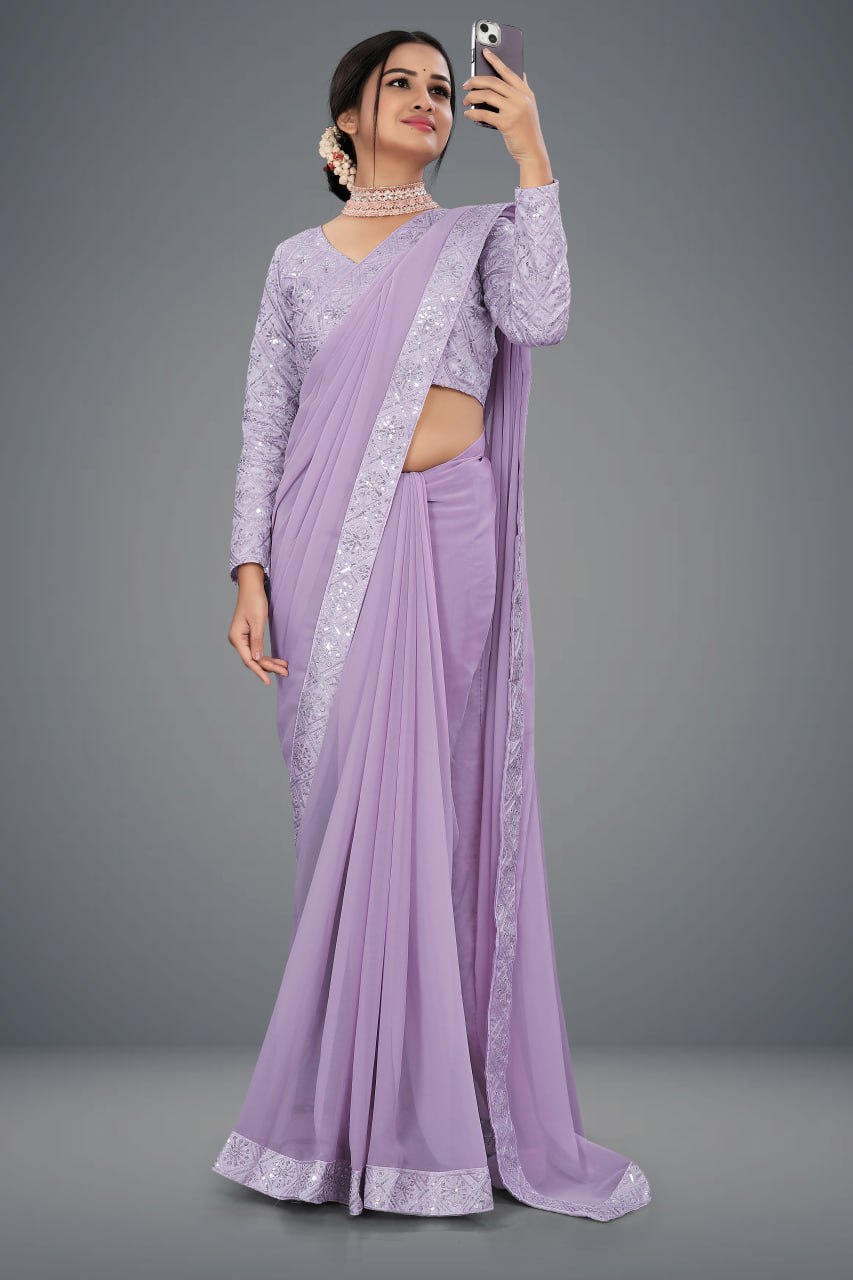 Designer Saree with Embroidered Border and Sequin Accents-Avirat Designer Studio