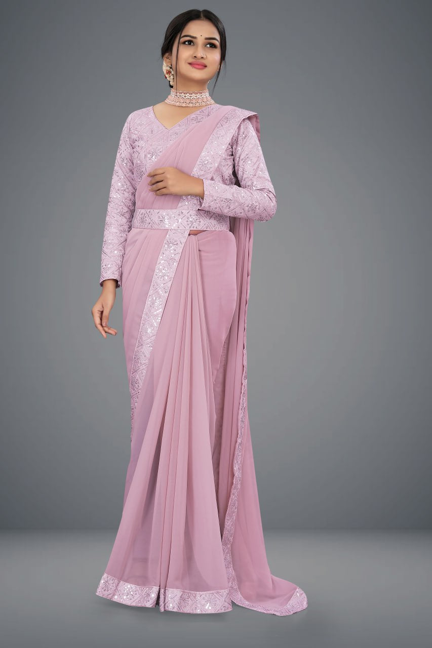 Designer Saree with Embroidered Border and Sequin Accents-Avirat Designer Studio