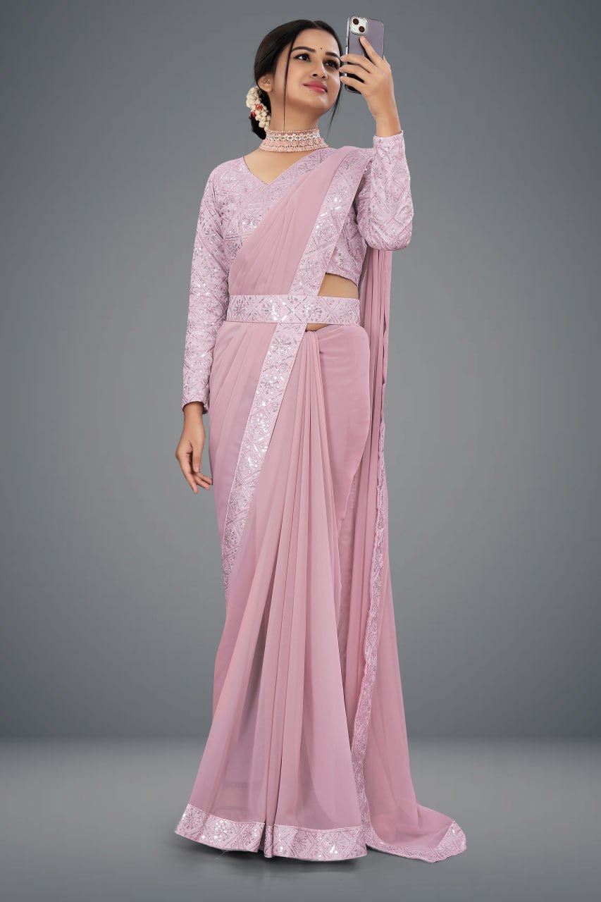Designer Saree with Embroidered Border and Sequin Accents-Avirat Designer Studio