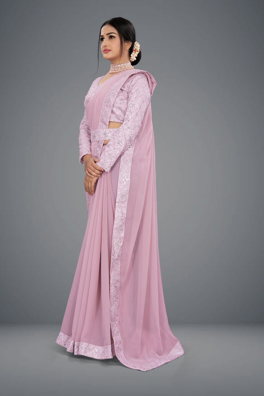 Designer Saree with Embroidered Border and Sequin Accents-Avirat Designer Studio